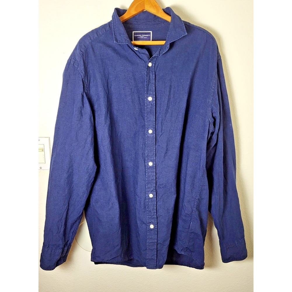 Charles Tyrwhitt 100% Linen Button Up Shirt XL Blue Long Sleeve Classic Fit
